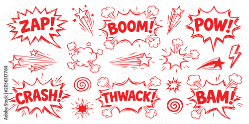 Foto Set of colorful comic book speech bubbles with sound effects like boom pow zap a