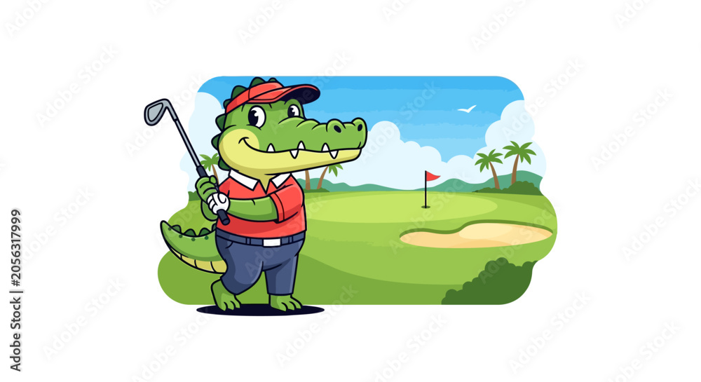 Obraz premium Cartoon Alligator Golfing on Sunny Green Course