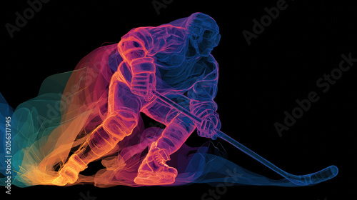 Colorful neon silhouette of ice hockey player in low skating pose on dark background