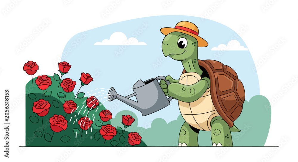 Fototapeta premium Cartoon turtle watering red roses in garden