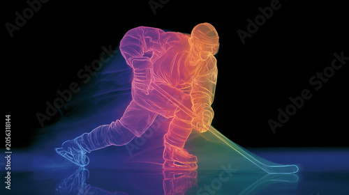 Colorful neon outline of ice hockey player skating with stick on dark black background