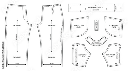 Professional trousers sewing pattern vector, technical garment construction template, flat fashion sketch with waistband and pocket details