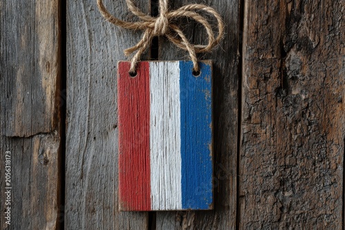 Rustic French Flag Hanging on Weathered Wooden Door, Representing National Pride and European Heritage