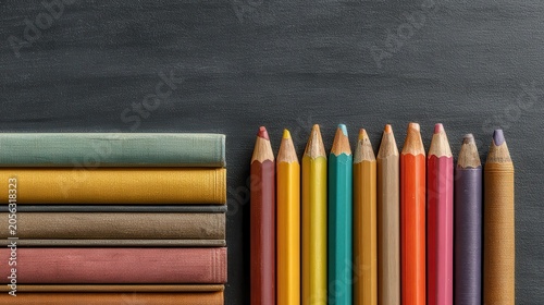 Stack of vintage books beside colorful sharpened pencils on a dark textured surface