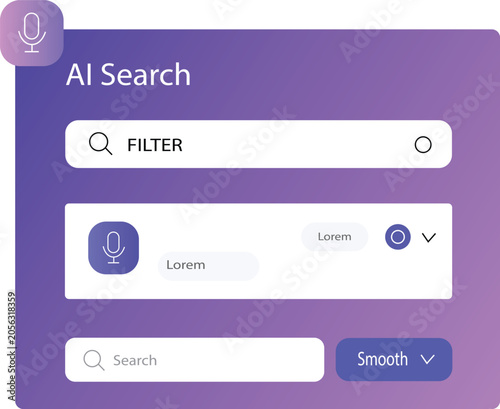 AI Search Interface UI Design  Voice Filter Smart Search Bar Purple Gradient Vector Illustration Digital Assistant Accessibility Feature Component