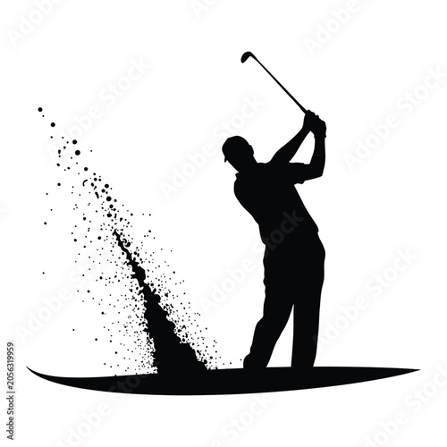 Golfer silhouette swinging club with sand splash effect vector illustration for sports design
