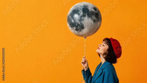 Funny woman holding moon like balloon on yellow background, imagination and creative concept