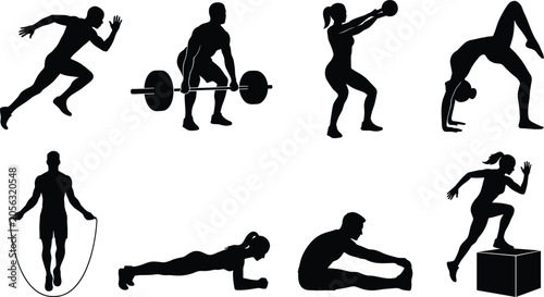 Photos Fitness and workout silhouette set featuring running, deadlift weightlifting, ke