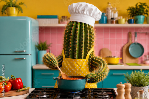 Cactus wearing chef hat in kitchen, healthy cooking and creative food concept