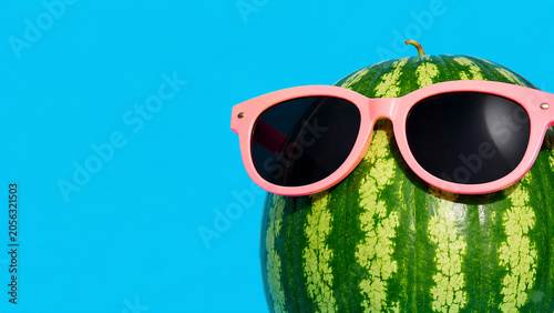 Watermelon wearing sunglasses on blue background, summer lifestyle and healthy food concept