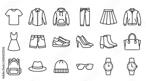 Εκτύπωση καμβά Fashion apparel and accessories line icon set featuring clothes shoes dress bag