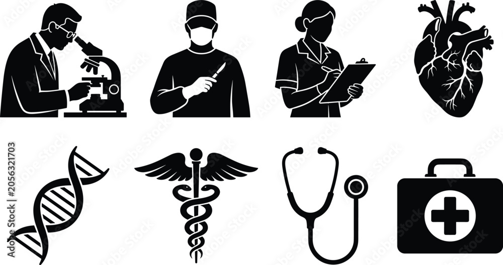 Obraz premium Medical and healthcare icon set featuring laboratory scientist microscope surgeon holding scalpel nurse writing on clipboard anatomical heart DNA helix caduceus stethoscope and first aid kit