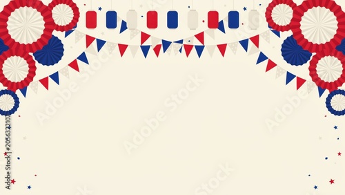 Bunting streamers with patriotic rosettes decorate this festive border frame that provides significant empty copy space.