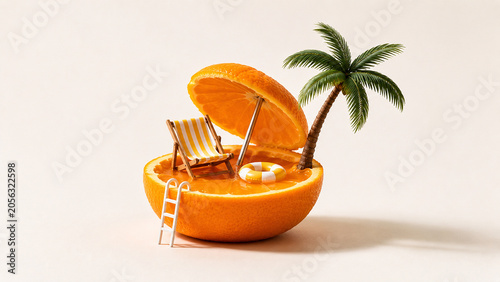 Tropical vacation inside orange, travel escape and summer holiday concept