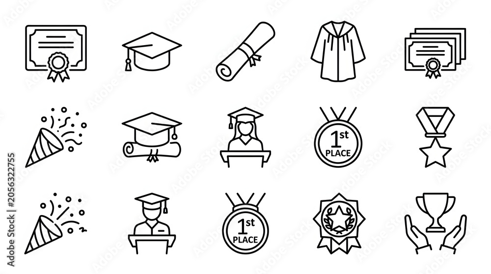 Fototapeta premium Graduation Achievement Icons: Diploma, Cap, Gown, Trophy, Confetti. Generative AI illustration