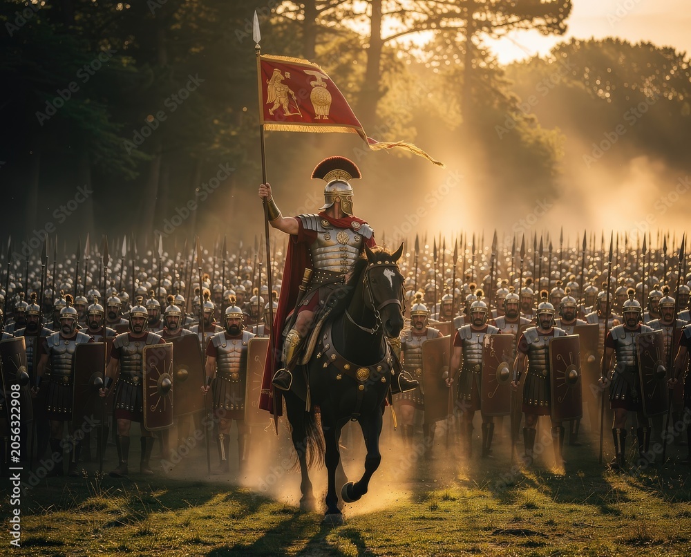 Fototapeta premium A Roman soldier on horseback leads a massive army, holding a flag in a misty forest, showcasing a dramatic historical scene.