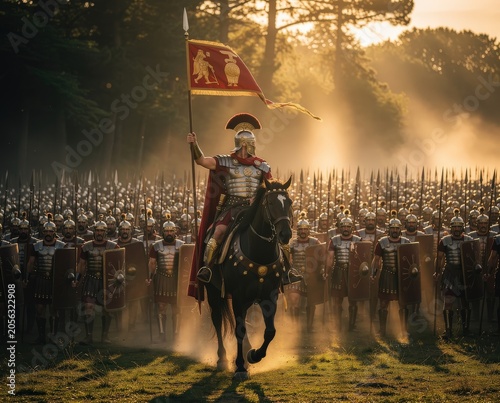 A Roman soldier on horseback leads a massive army, holding a flag in a misty forest, showcasing a dramatic historical scene.