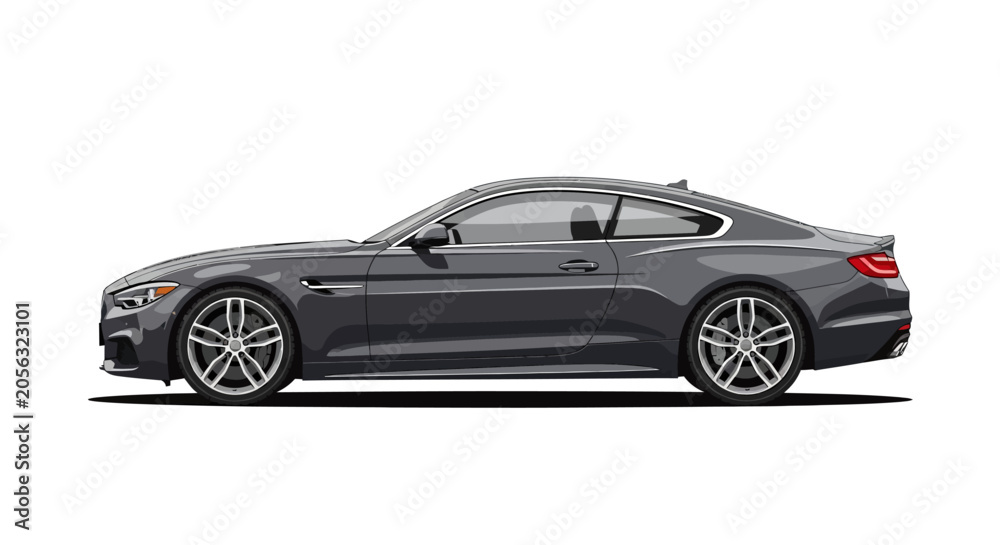 Fototapeta premium Sleek Dark Grey Sports Coupe Car, Side View, Isolated on White Background