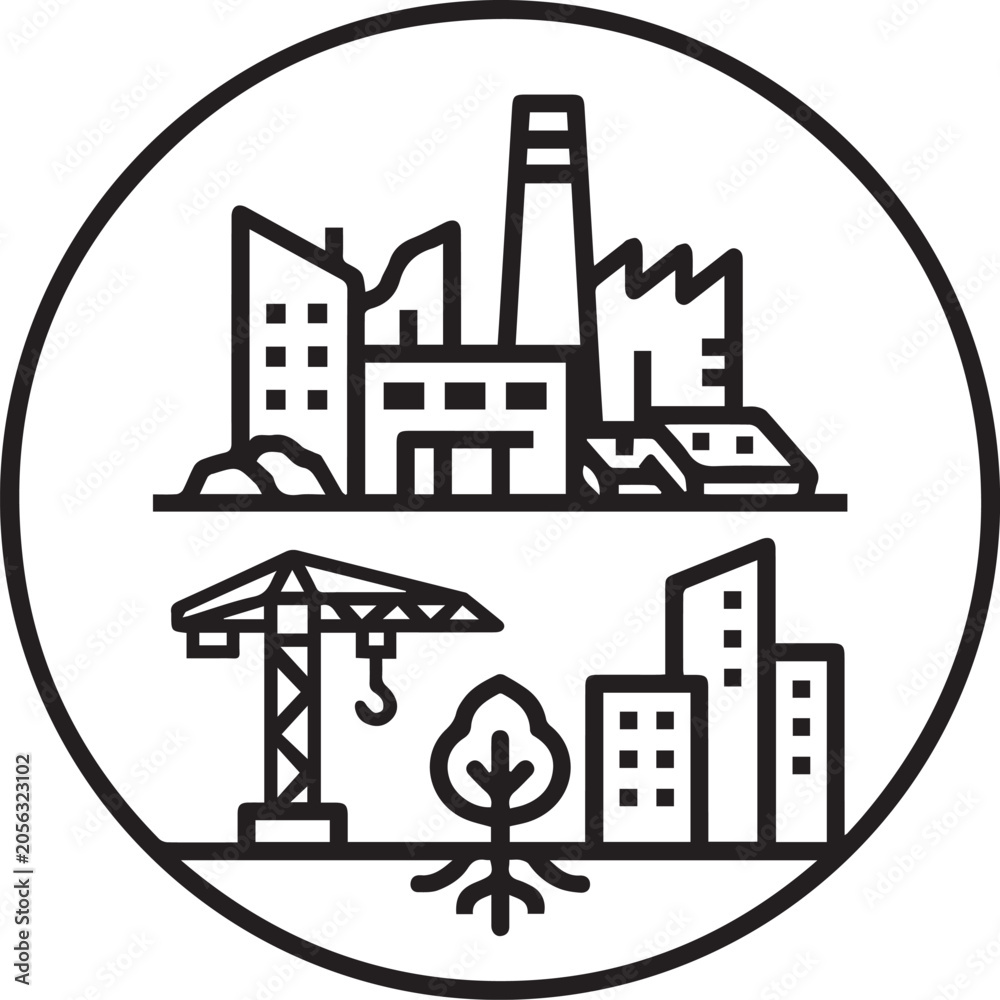Obraz premium Professional Brownfield Redevelopment Site Vector Icon for Urban Planning, Environmental Consulting, Real Estate Development, Sustainable Construction, and Government Policy Visuals –