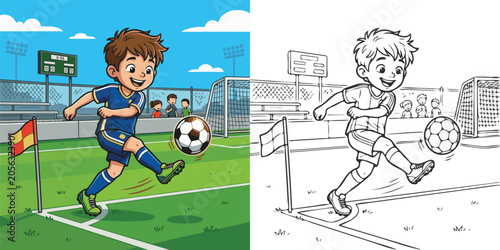 Photos kid kicking corner ball child kid boy and girl children playing soccer football