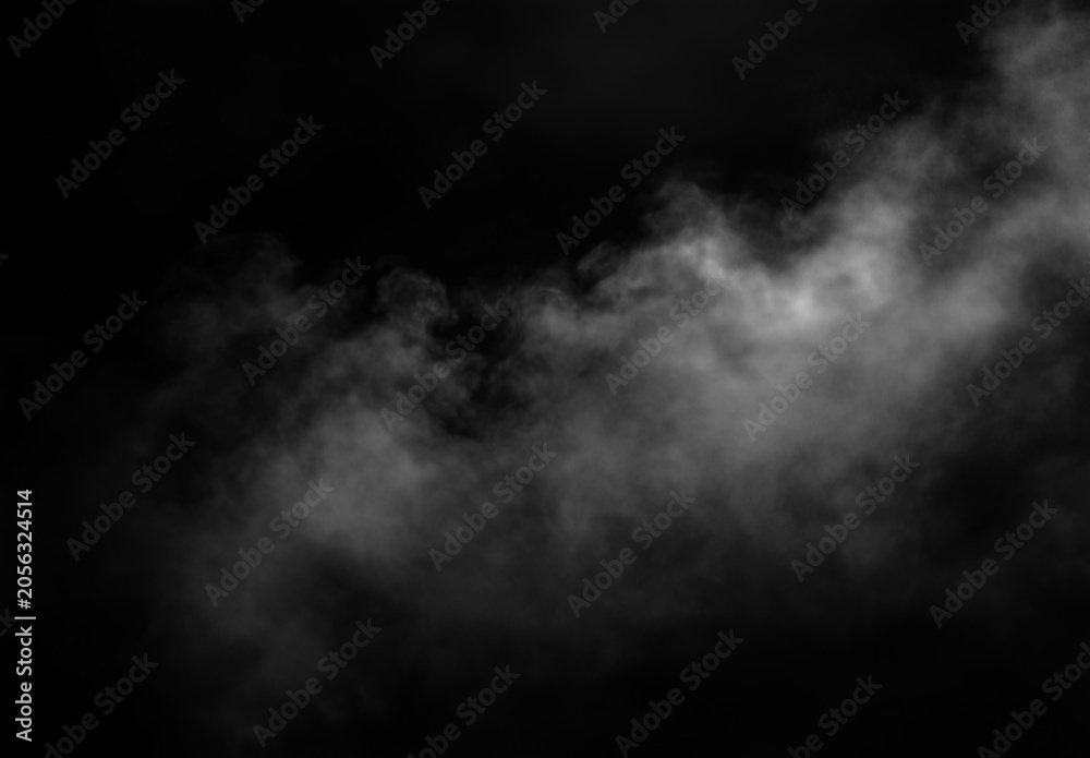 Fototapeta premium Abstract white smoke cloud drifting across a black background, creating a dramatic atmospheric mist texture with soft motion and high contrast.