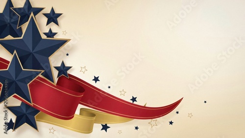 Stars and ribbons feature a patriotic color palette for a festive background design with ample copy space for text.