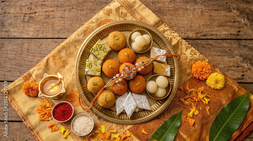 Traditional Raksha Bandhan Thali with Mithai Sweets, Rakhi Thread, and Puja Items for Sibling Festival Greeting Cards, Cultural Blogs, and Hindu Celebration Content