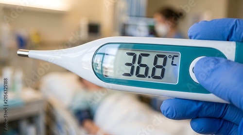 Close-up of digital thermometer showing 36.8°C, healthcare background