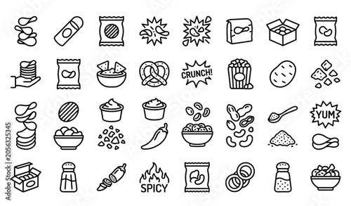 Schilderij op canvas modern monoline potato chips and snacks vector line icon set with rounded stroke
