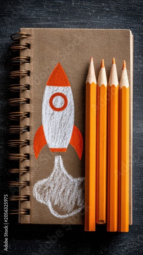 Rocket drawing on notebook with pencils, representing back to school and creative learning concepts.