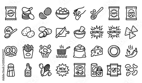 Tableau sur toile crispy potato chips and salty snacks bold line vector icon collection modern out