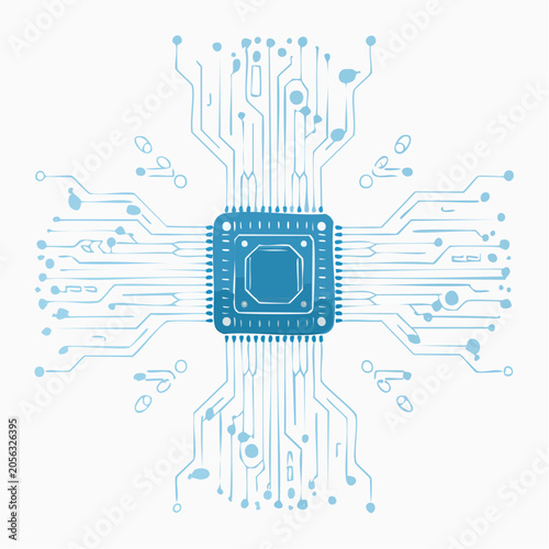 Blue Microchip and Circuit Board Illustration