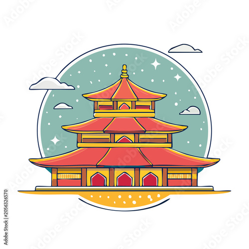 Flat design illustration of a red and yellow pagoda