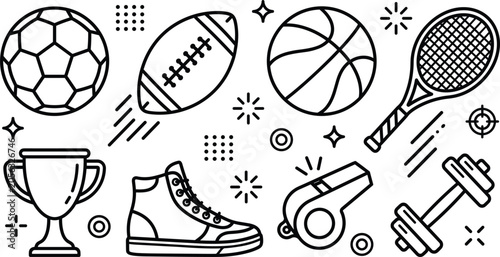 Tableau sur toile Sports equipment line icon set vector elements featuring soccer rugby basketball