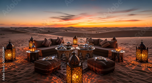 Desert Oasis Evening Lounge: Arabian Furniture, Lanterns, Sunset