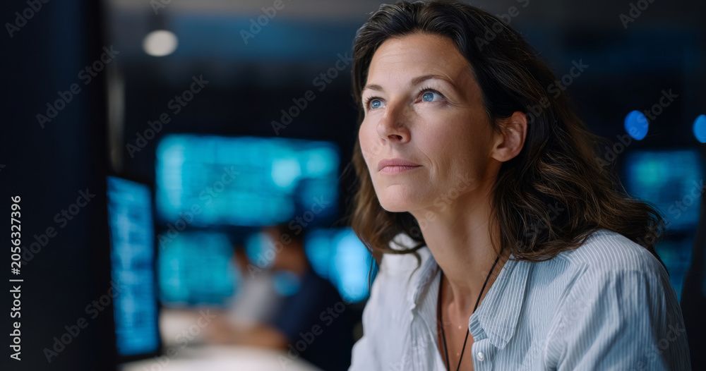 Obraz premium Focused woman working late in a modern with multiple computer screens displaying data and technology in a dimly lit environment
