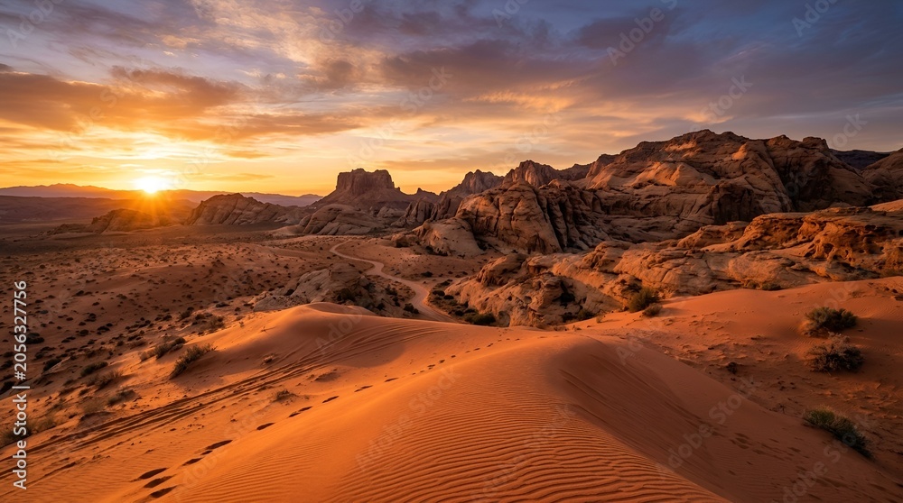 Obraz premium Arid landscape at sunset, desert dunes and rock formations, golden hour glow