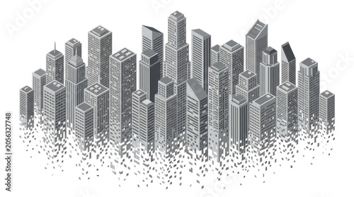 Isometric 3D wireframe illustration of city skyscrapers.