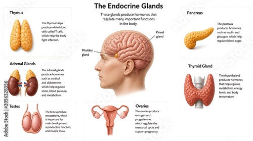 Educational diagram of human endocrine glands showing brain and body organs with hormone function labels