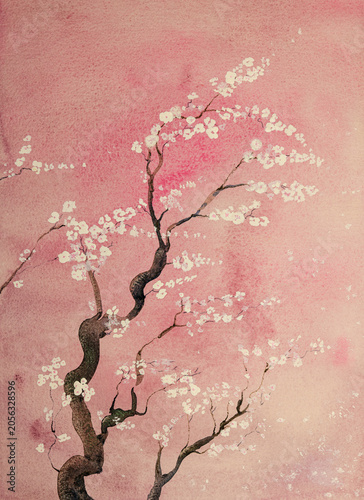 Sakura tree painting with white flowers on pink background. The dabbing technique gives a soft focus effect due to the altered surface roughness of the paper.