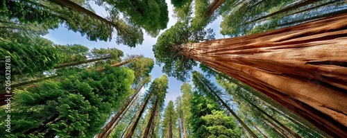 Panel kuchenny z motywem Majestic redwood forest with towering sequoia trunks and sunlit green canopy viewed from below