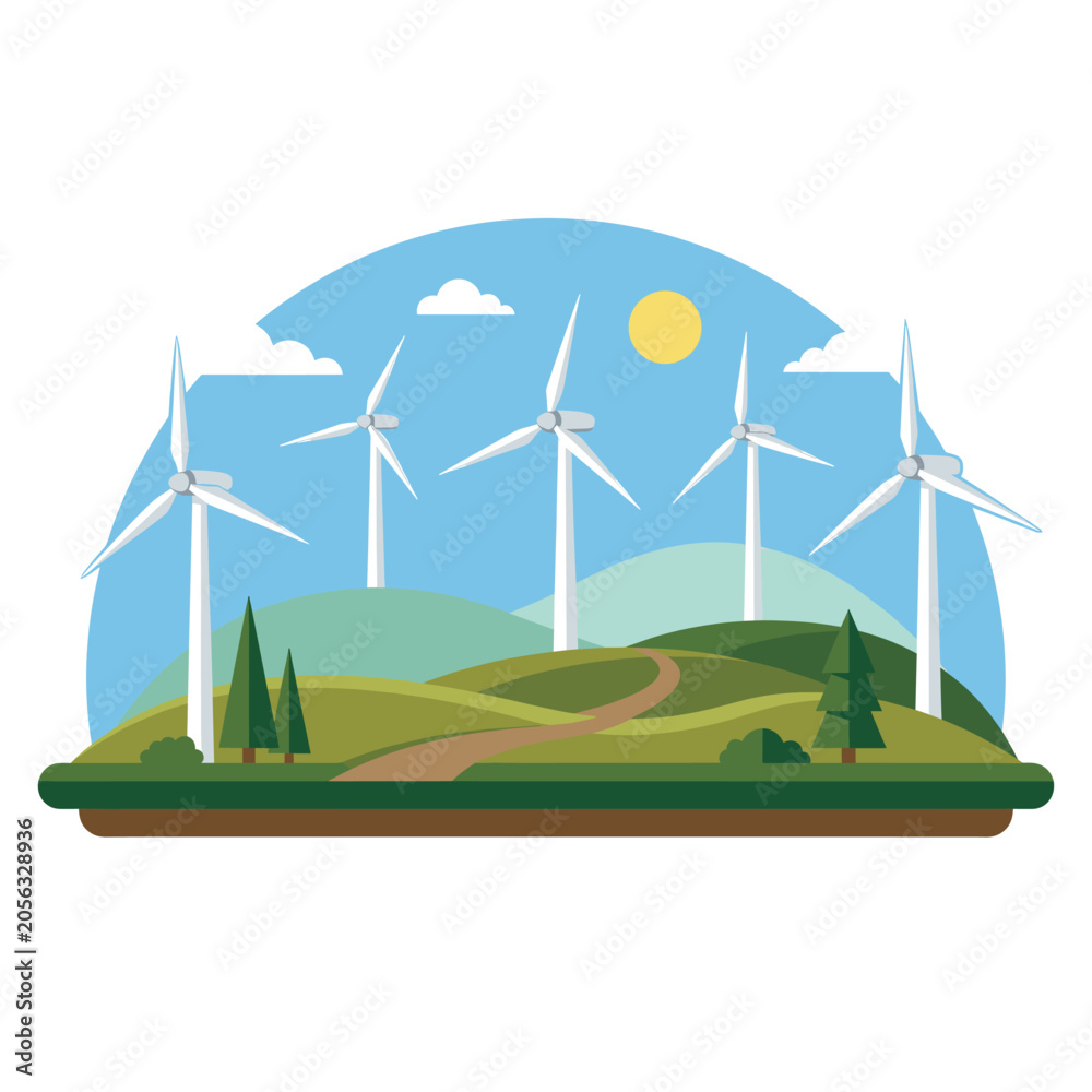Obraz premium A serene landscape features a tall wind turbine. Green hills and trees complete the clean environmental scene.
