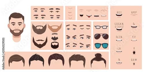 Man face constructor, avatar of male character creation hairstyle, nose, eyes with eyebrows and lips. Facial elements for construction. Cartoon set suitable for animation and lip sync speaking.