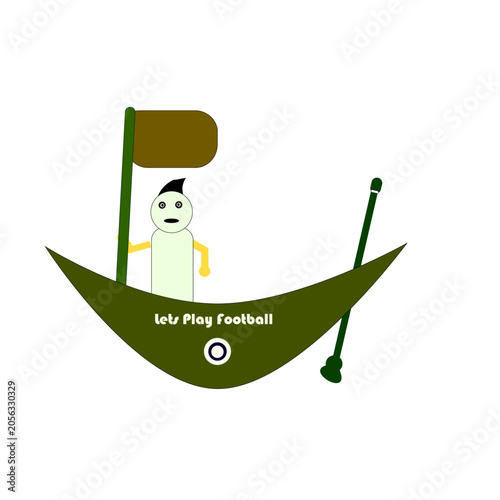 Creative character on a wooden boat with a flag and paddle
