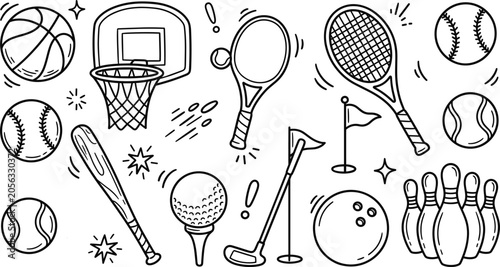 Photos Sports equipment doodle line art vector elements set featuring basketball baseba