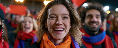 In a vibrant stadium, enthusiastic supporters wave scarves and signs, celebrating with bright lights and high spirits.