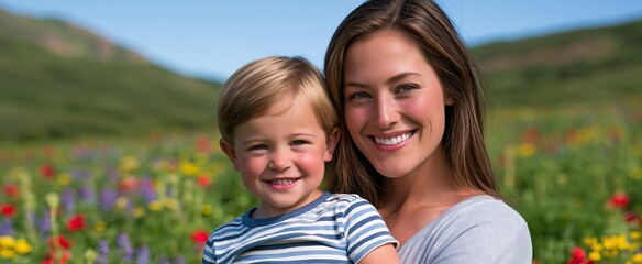 A joyful mother embraces her toddler in a vibrant meadow with rolling green hills and a bright sky.