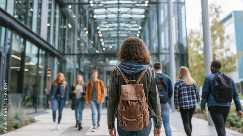 Students walking across a modern university campus during back to college season, highlighting higher education, student life, academic success, diversity, learning and campus community