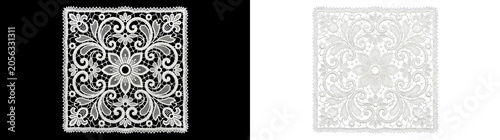 Square white lace doily embroidery with floral motif isolated on png background