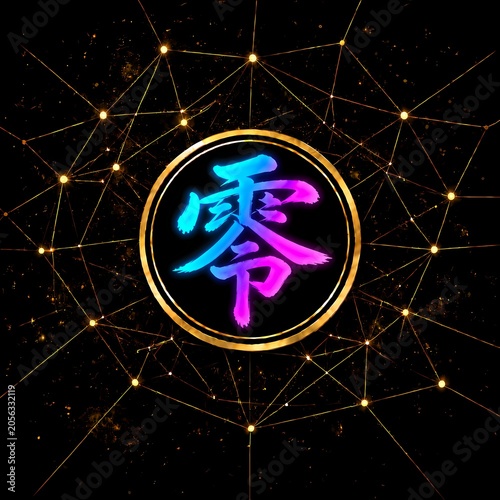 Neon Kanji Zero Symbol on Futuristic Network Background, Cyber Technology Concept, Generative AI